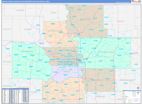 Omaha-Council Bluffs Metro Area Wall Map Color Cast Style